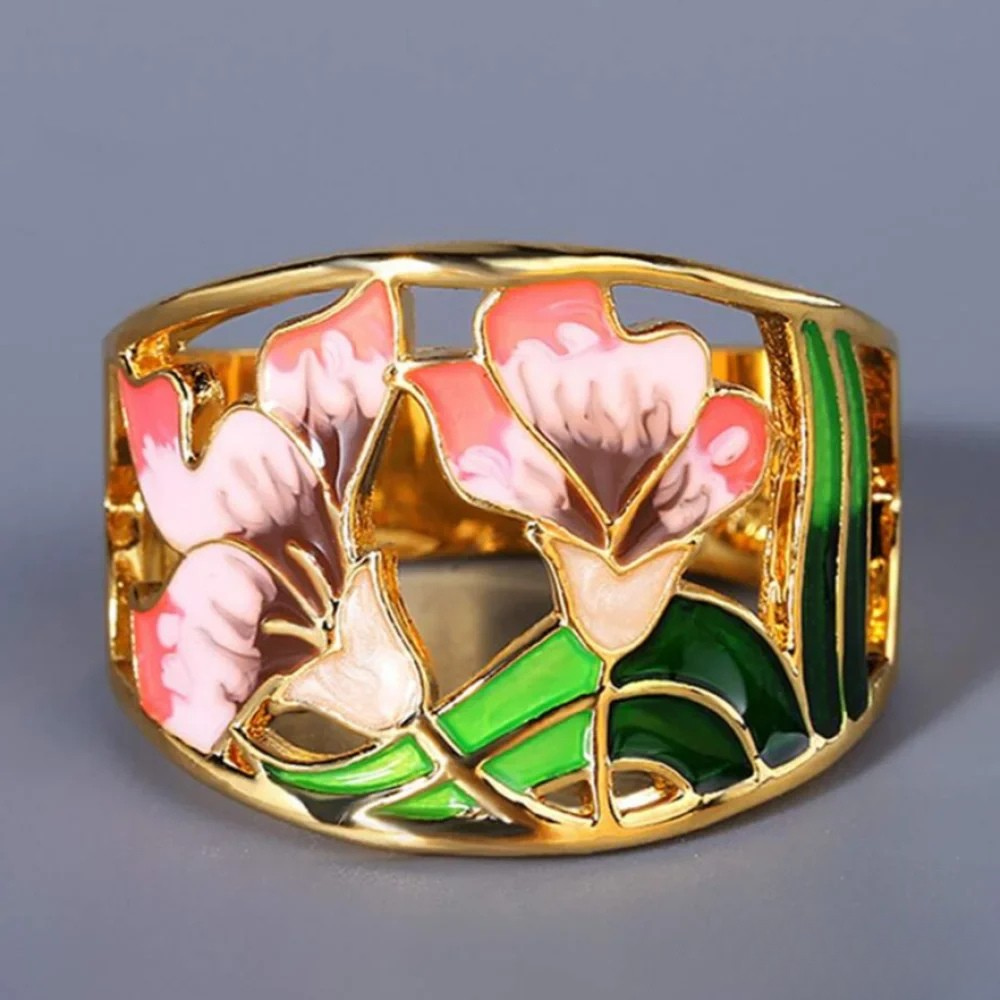 Retro guldfarvet emaljeblomst-ring